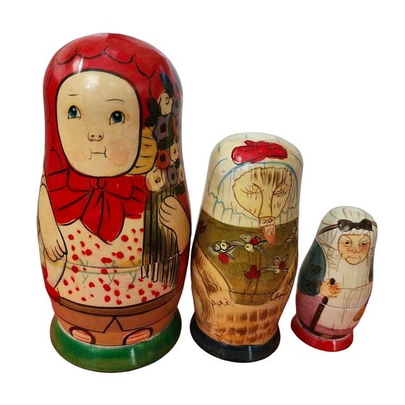 Lot 3 Vintage Little Red Riding Hood Russian Nesting Dolls Authentic Models - Picture 1 of 6